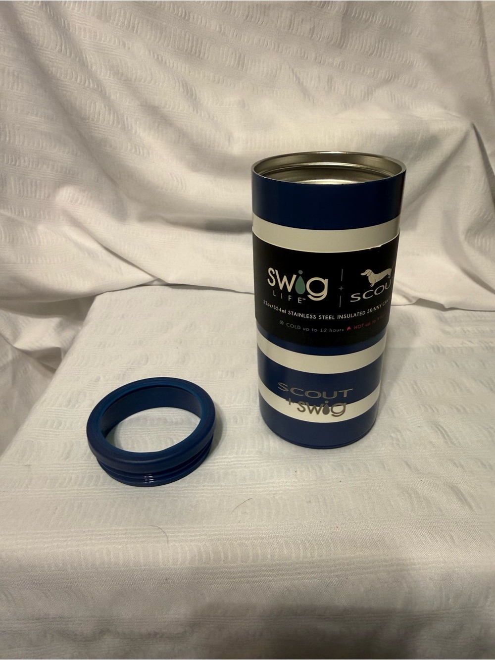 Swig x Scout Insulated 12oz Skinny Can Tumbler - Navy & White Stripes - Picture 3 of 4